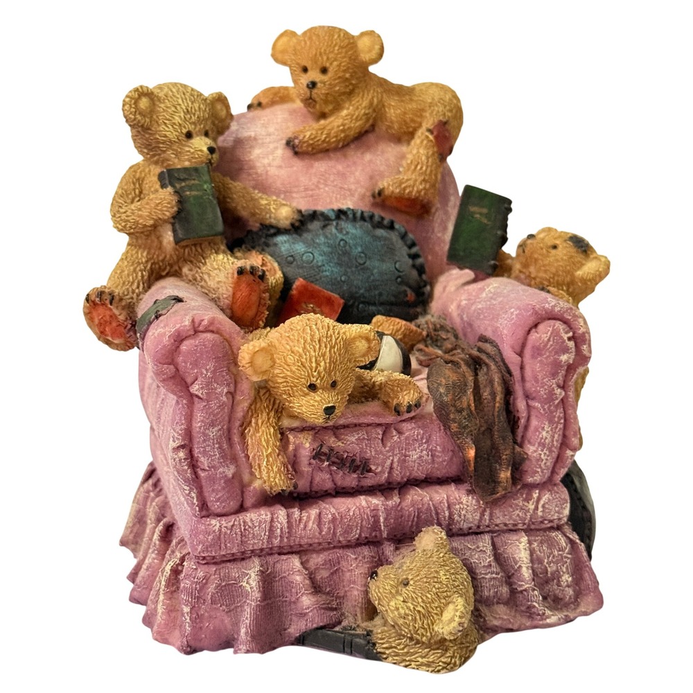 Vintage Style Teddy Bears on Pink Armchair Resin Figurine Reading Books Decor
